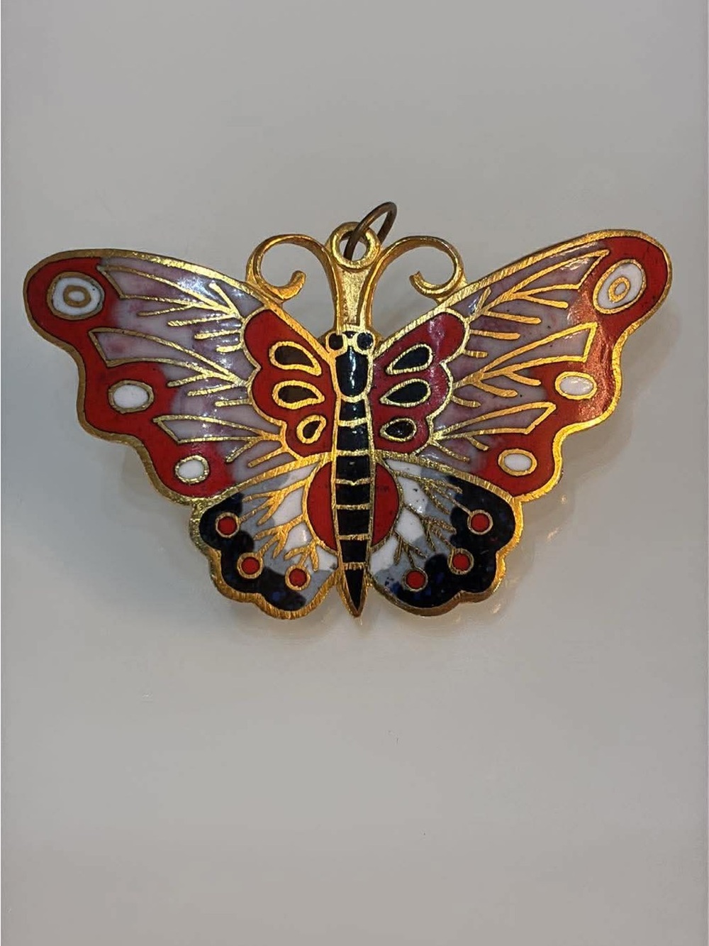 Cloisonné Gold-Tone Enamel Butterfly Pendant - Red, Black, White